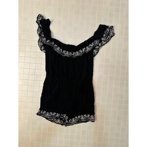 Me to We Romper ladies size small black with white embroidered trim